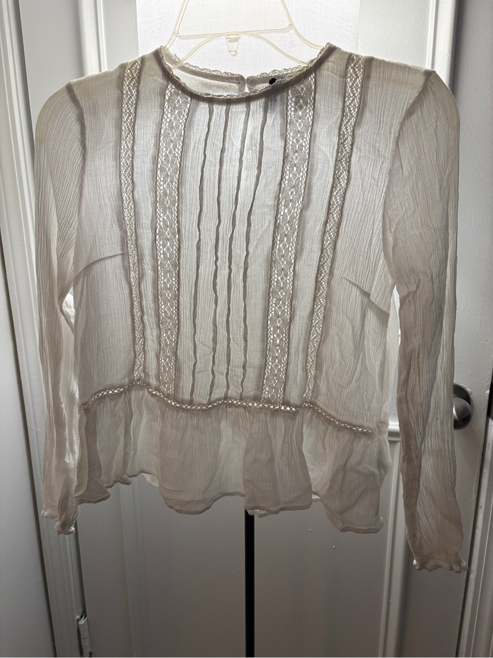 H&M Sheer Ivory Lace-Trim Long Sleeve Blouse